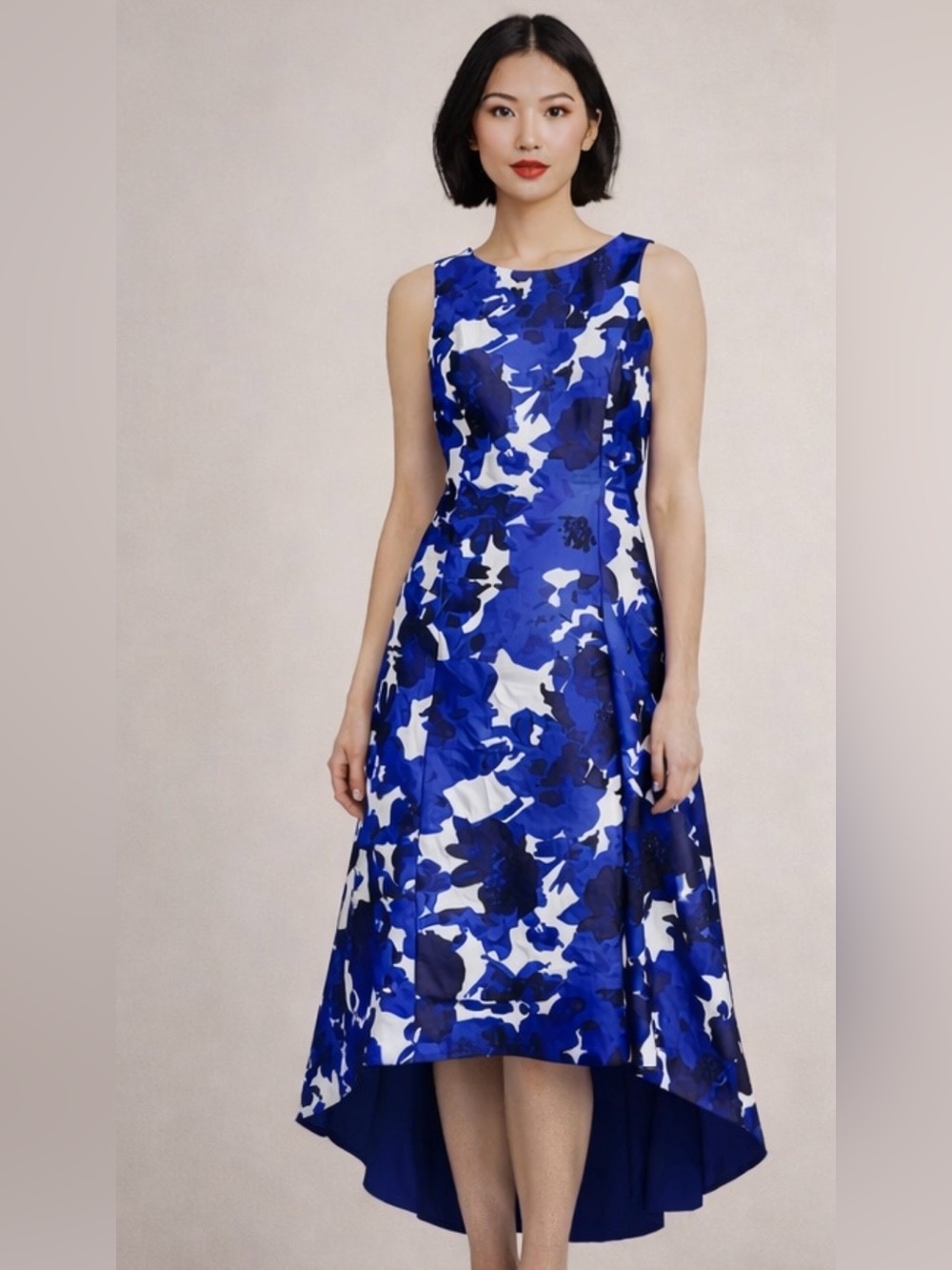 Tahari Floral High-Low A-Line Dress in Blue and White